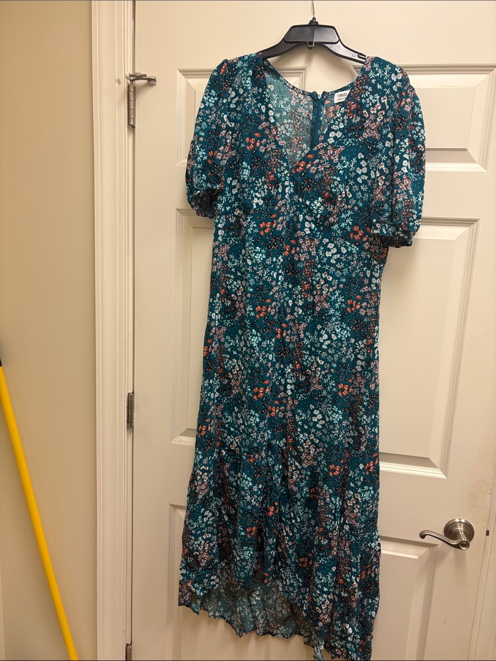 Tinsel Teal Floral V-Neck Puff Sleeve Maxi Dress